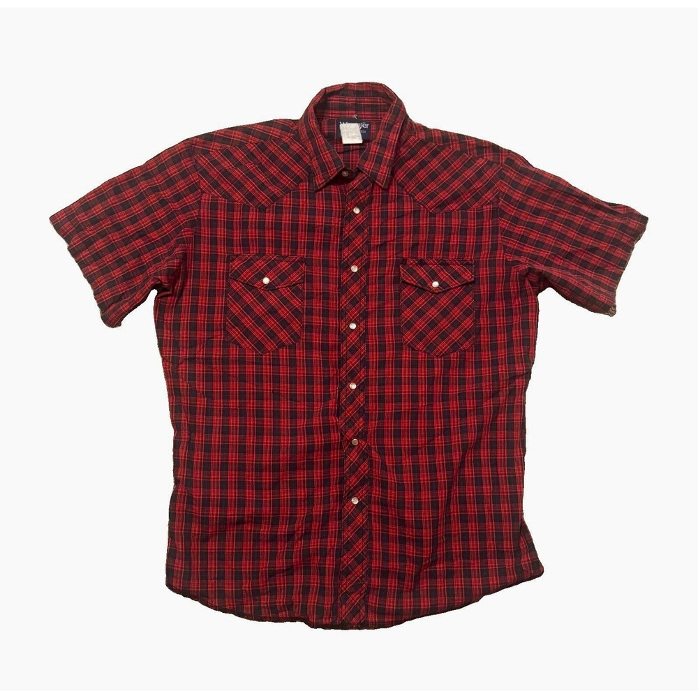 Wrangler Western Shirt Mens L Red Black Plaid Short Sleeve Pearl Snap Button-Up